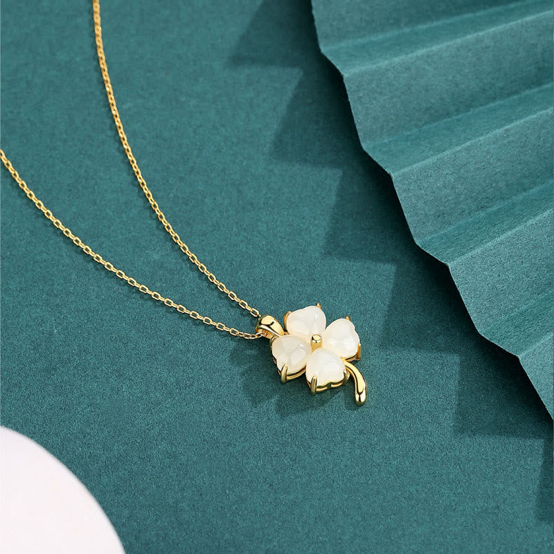 Buddha Stones Hetian Jade 925 Sterling Silver Four Leaf Clover Necklace Pendant - image 2