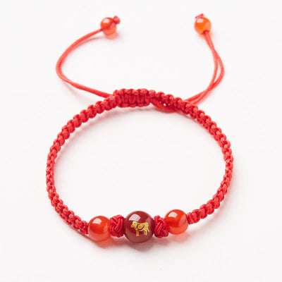 Buddha Stones Natural Red Agate Chinese Zodiac Red String Braided Protection Luck Bracelet Bracelet BS Red Agate Chinese Zodiac-Ox