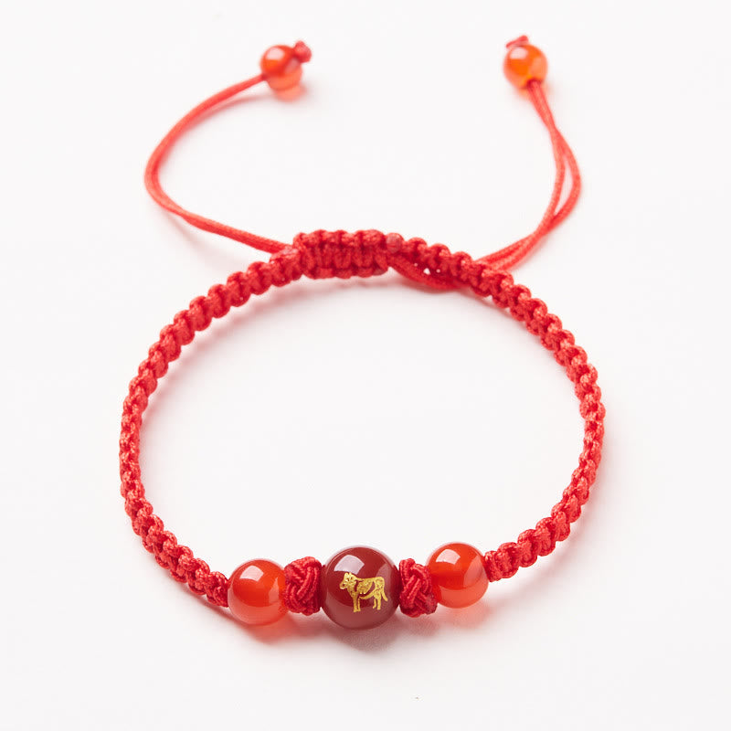 Buddha Stones Natural Red Agate Chinese Zodiac Red String Braided Protection Luck Bracelet Bracelet BS Red Agate Chinese Zodiac-Ox