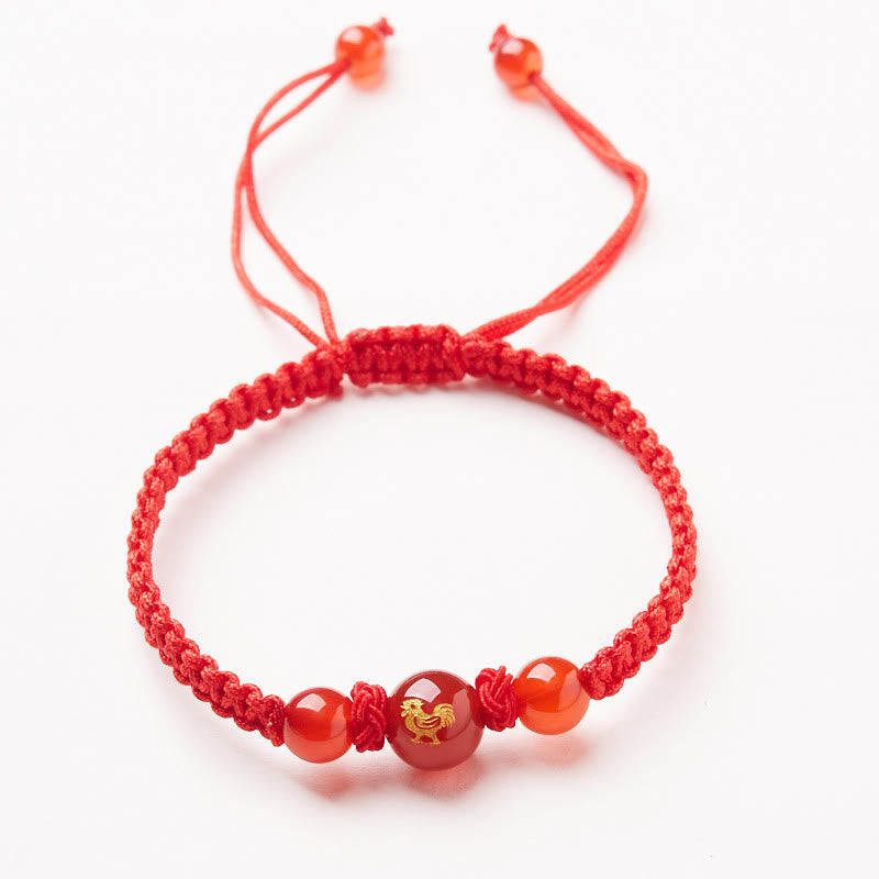 Buddha Stones Natural Red Agate Chinese Zodiac Red String Braided Protection Luck Bracelet Bracelet BS Red Agate Chinese Zodiac-Rooster