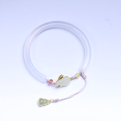 Buddha Stones Natural White Agate Hetian Jade Rabbit Positive Bracelet Bangle Bracelet Bangle BS 4