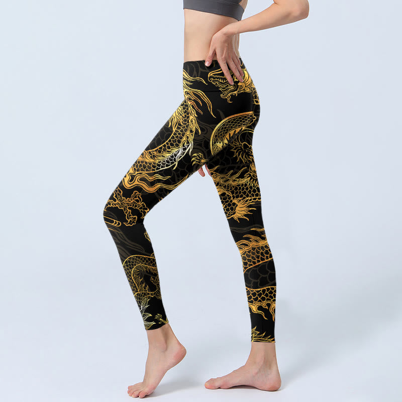 Buddha Stones Golden Dragon Print Gym Leggings Women's Yoga Pants - image 3