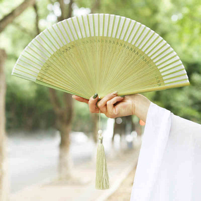 Buddha Stones Solid Color Dragonfly Tassel Handheld Mulberry Silk Bamboo Folding Fan Folding Fan BS 2