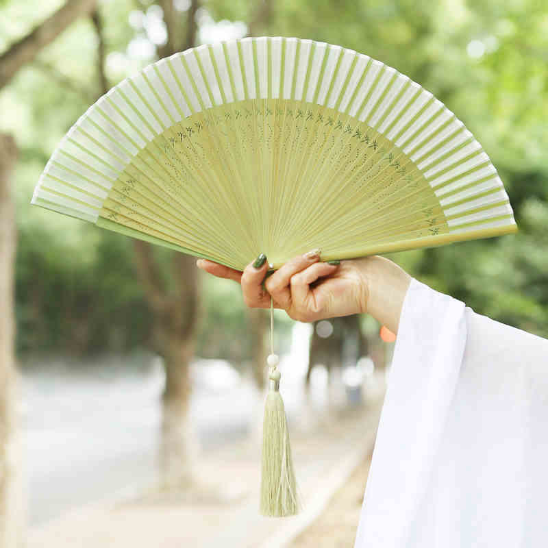 Buddha Stones Solid Color Dragonfly Tassel Handheld Mulberry Silk Bamboo Folding Fan Folding Fan BS 2