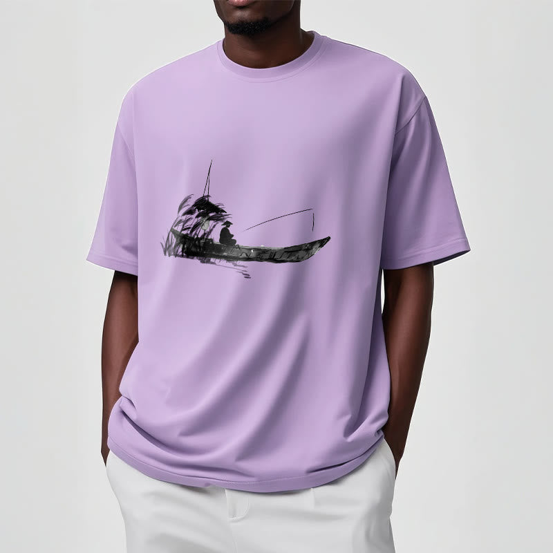 T-shirt en coton à motif herbe pour la pêche en bateau Foviel