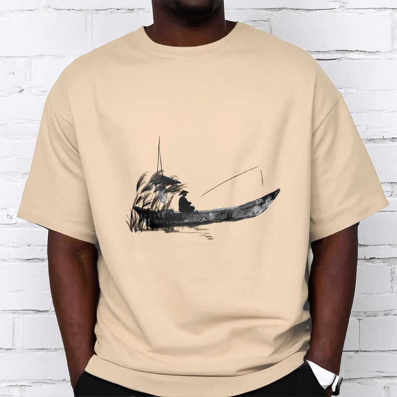 T-shirt en coton à motif herbe pour la pêche en bateau Foviel