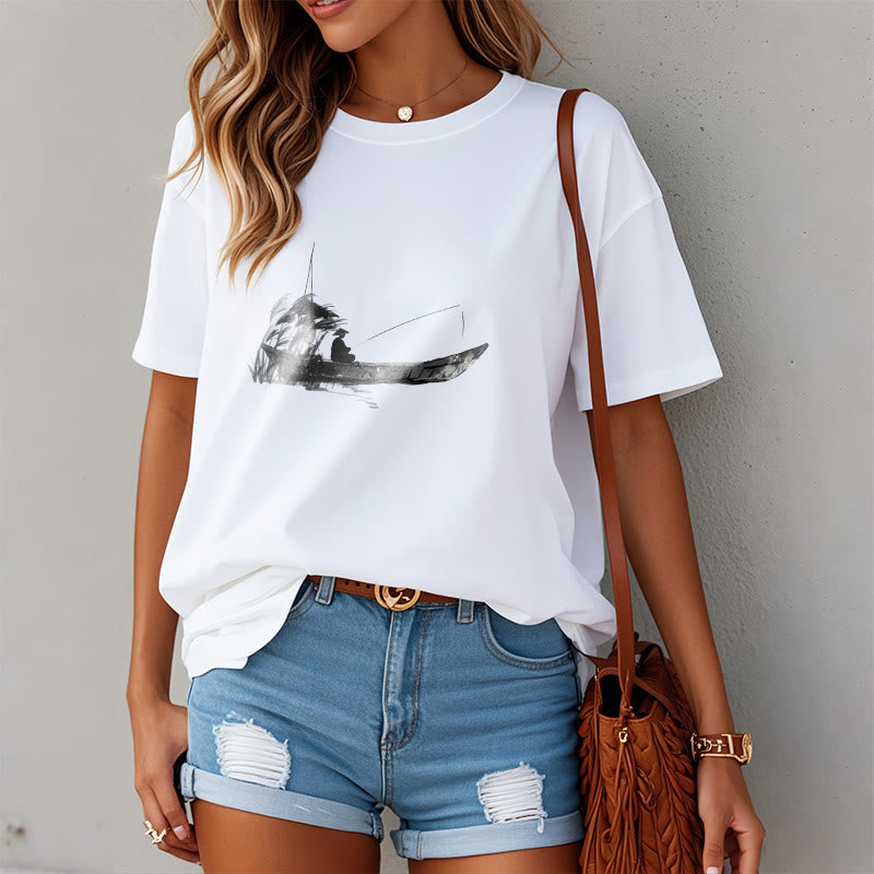 T-shirt en coton à motif herbe pour la pêche en bateau Foviel