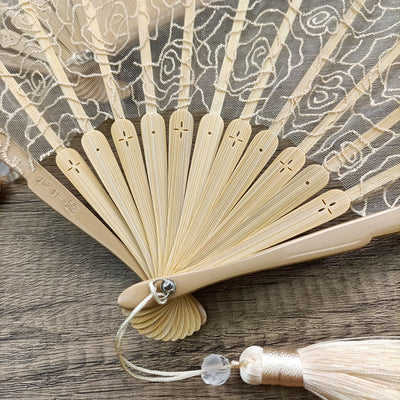 Buddha Stones Rose Embroidery Lace Shell Shape Tassels Handheld Bamboo Folding Fan Folding Fan BS 11