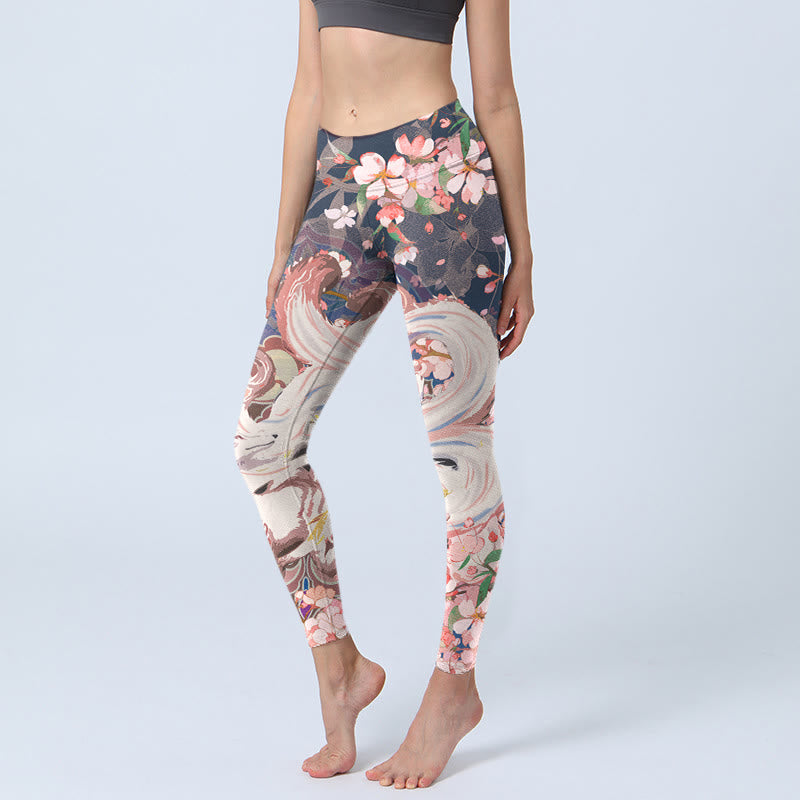 Buddha Stones Fox Cherry Blossoms Gym Leggings Women's Yoga Pants - MidnightBlue - US18，UK/AU22，EU50 (4XL) - image 1