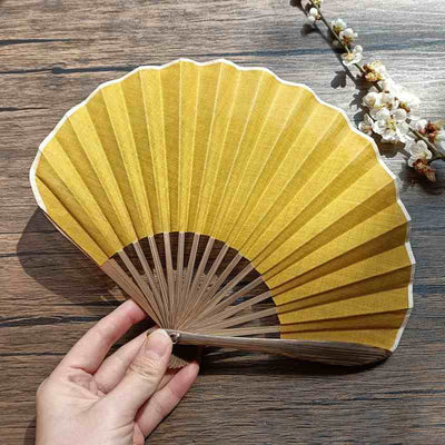 Buddha Stones Retro Solid Color Shell Shape Handheld Bamboo Folding Fan Folding Fan BS Gold 22cm