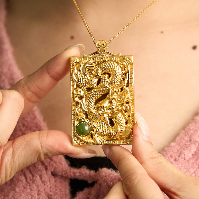 Buddha Stones Dragon Gold Plated Copper Hetian Jade Strength Necklace Pendant - image 6