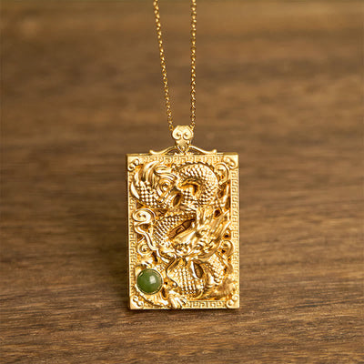Buddha Stones Dragon Gold Plated Copper Hetian Jade Strength Necklace Pendant - Gold Plated Copper Hetian Jade Dragon - image 0