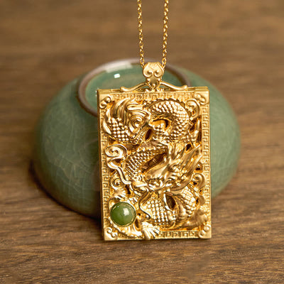 Buddha Stones Dragon Gold Plated Copper Hetian Jade Strength Necklace Pendant - image 2