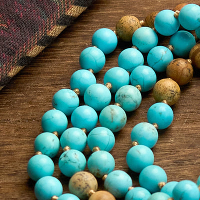 Bracelet Foviel 108 perles Mala en turquoise et jaspe paysage avec pompon pour l'équilibre