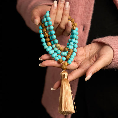 Bracelet Foviel 108 perles Mala en turquoise et jaspe paysage avec pompon pour l'équilibre