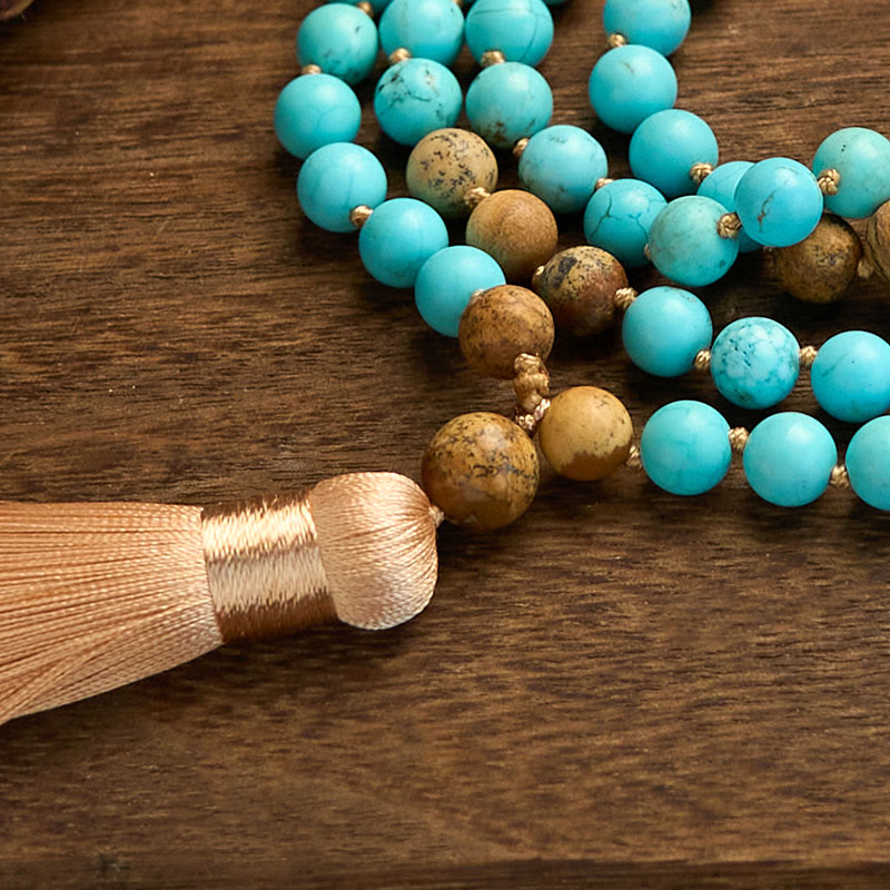 Bracelet Foviel 108 perles Mala en turquoise et jaspe paysage avec pompon pour l'équilibre
