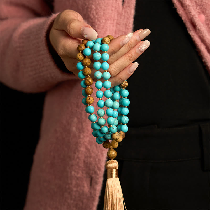 Bracelet Foviel 108 perles Mala en turquoise et jaspe paysage avec pompon pour l'équilibre