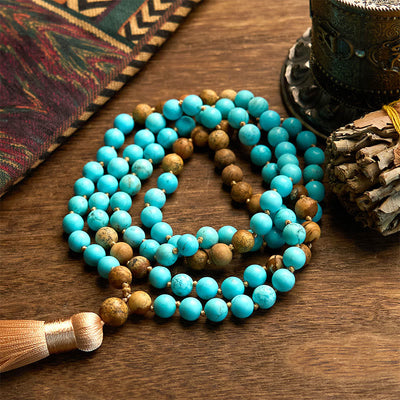 Bracelet Foviel 108 perles Mala en turquoise et jaspe paysage avec pompon pour l'équilibre
