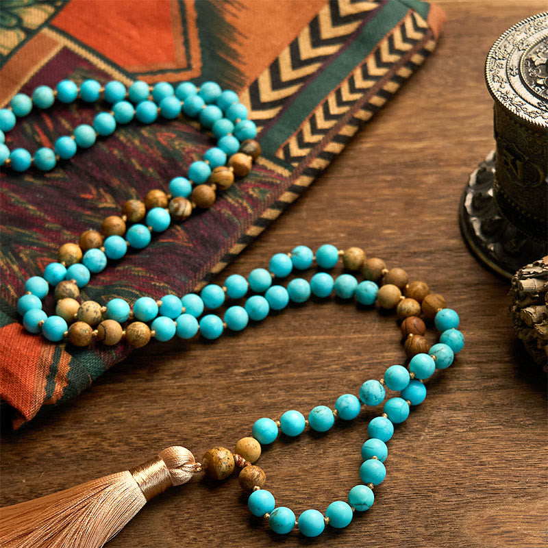 Bracelet Foviel 108 perles Mala en turquoise et jaspe paysage avec pompon pour l'équilibre