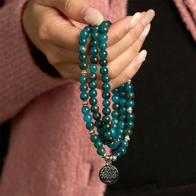 Buddha Stones 108 Mala Beads Apatite Bead Om The Tree Of Life Lotus Bracelet - image 7