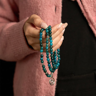 Buddha Stones 108 Mala Beads Apatite Bead Om The Tree Of Life Lotus Bracelet - image 1