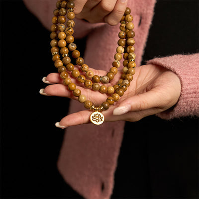 Foviel 108 Perlen Bild Jasper Mala Lotus Mut Armband