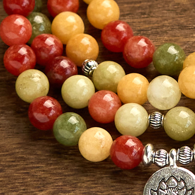 Buddha Stones 108 Mala Beads Natural Colored Stone Topaz Red Jasper Green Jasper Lotus Protection Bracelet - image 5