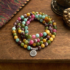 Buddha Stones 108 Mala Beads Multi-layer Natural Tourmaline Lotus Wisdom Bracelet - Tourmaline(Wrist Circumference: 14-16cm) - image 0