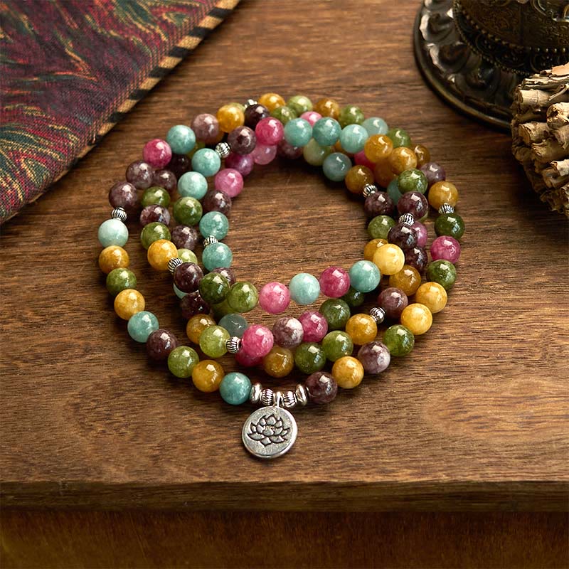 Buddha Stones 108 Mala Beads Multi-layer Natural Tourmaline Lotus Wisdom Bracelet - Tourmaline(Wrist Circumference: 14-16cm) - image 0