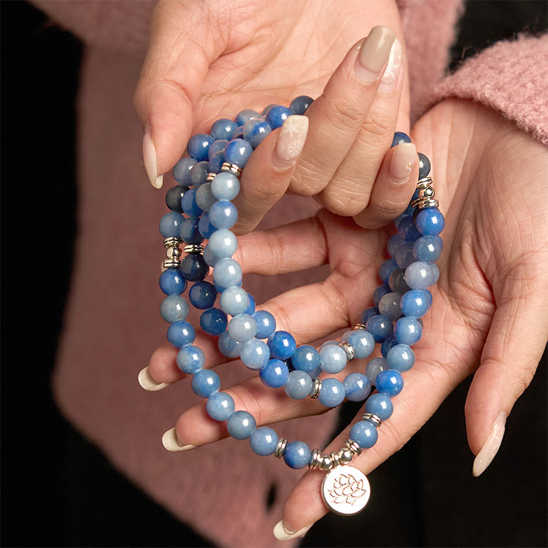 Buddha Stones 108 Mala Beads Multi-layer Natural Blue Aventurine Lotus Calm Bracelet - image 4