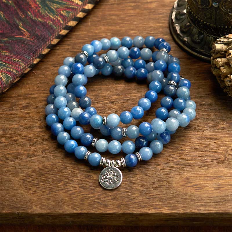 Buddha Stones 108 Mala Beads Multi-layer Natural Blue Aventurine Lotus Calm Bracelet - Blue Aventurine(Wrist Circumference: 14-16cm) - image 0
