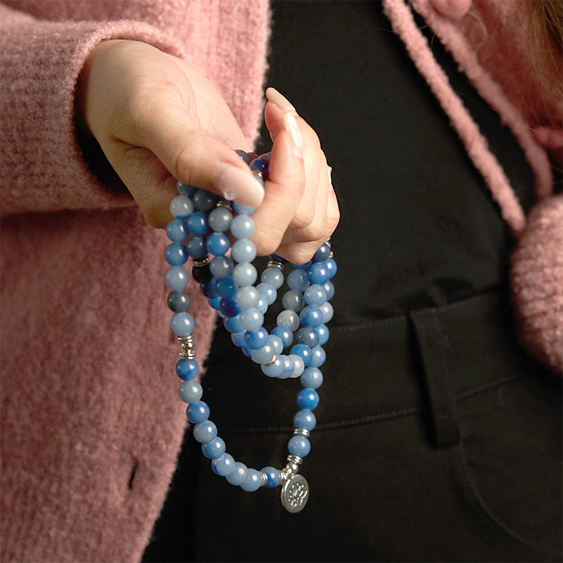 Buddha Stones 108 Mala Beads Multi-layer Natural Blue Aventurine Lotus Calm Bracelet - image 7