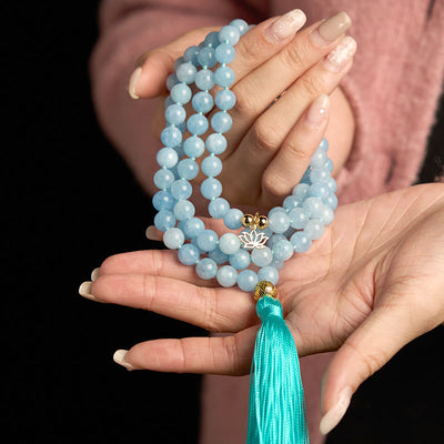 Buddha Stones 108 Mala Beads Natural Stone Aquamarine Tassel Lotus Healing Bracelet - image 4