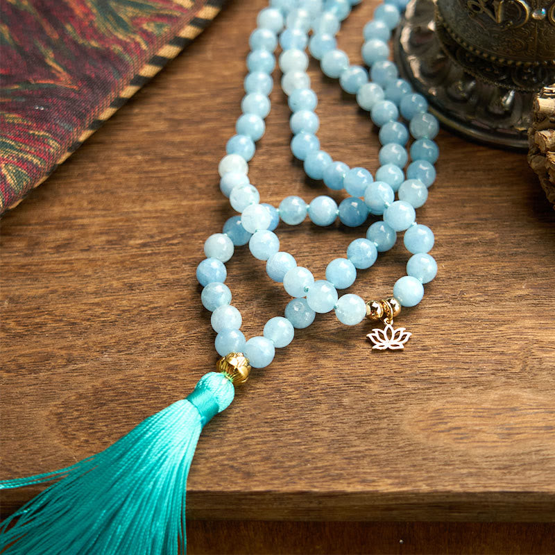 Buddha Stones 108 Mala Beads Natural Stone Aquamarine Tassel Lotus Healing Bracelet - image 7