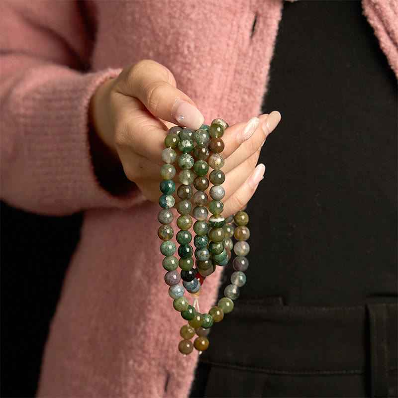 Buddha Stones 108 Mala Beads Natural Stone Moss Agate Multi-turn Healing Bracelet - image 4