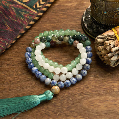 Buddha Stones 108 Mala Beads Natural Green Aventurine Blue Spot Jasper Indian Agate Green Tassel Luck Bracelet - image 5