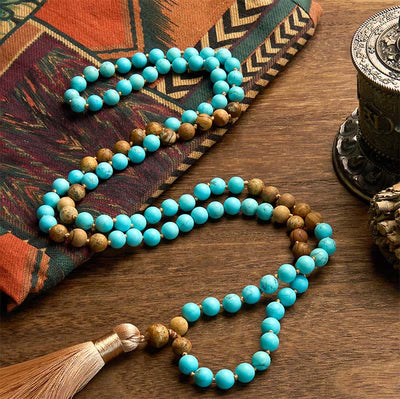 Bracelet Foviel 108 perles Mala en turquoise et jaspe paysage avec pompon pour l'équilibre