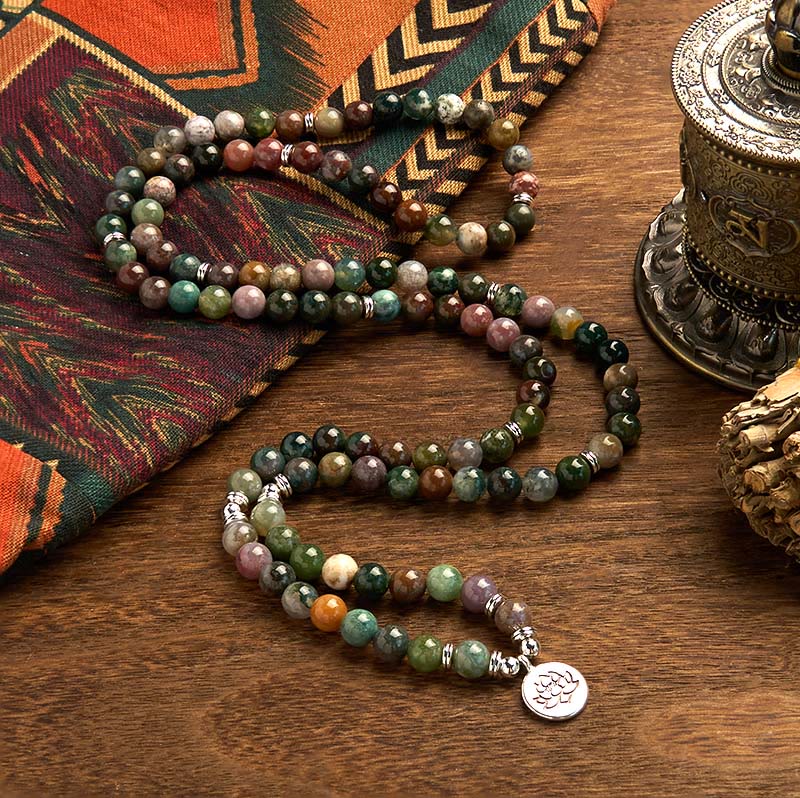 Buddha Stones 108 Mala Beads Natural Stone Indian Agate Lotus Calm Bracelet - image 1