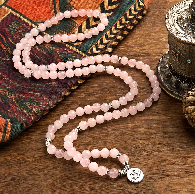 Buddha Stones 108 Mala Beads Natural Stone Rose Quartz Lotus Peace Bracelet - image 1