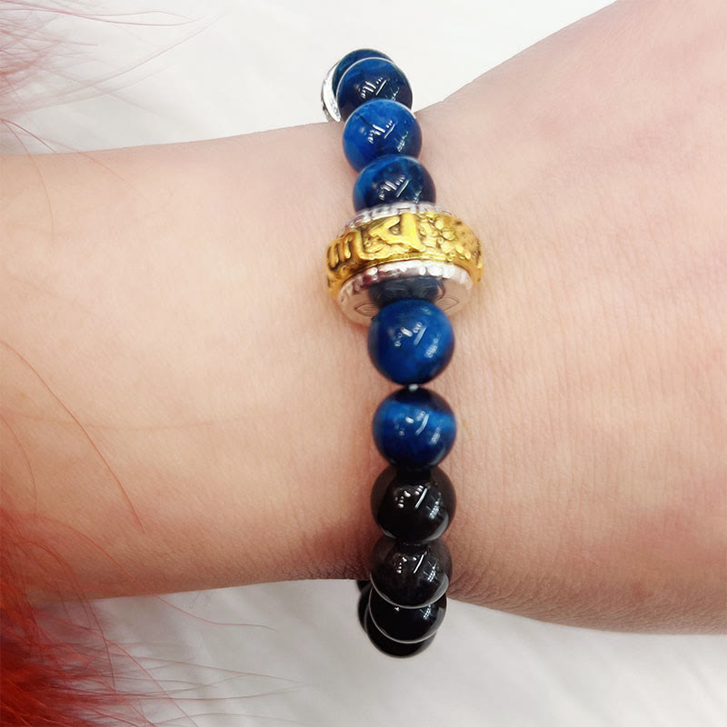 Bracelet de protection Foviel en obsidienne argentée, œil de tigre bleu et mantra Om Mani Padme Hum