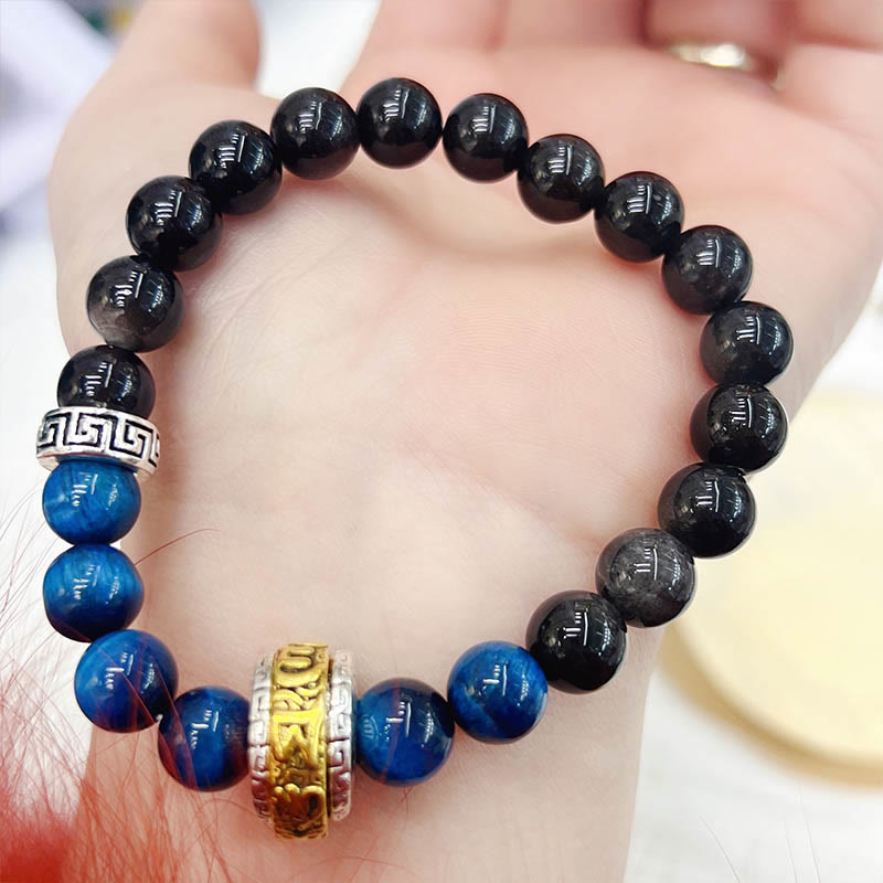 Bracelet de protection Foviel en obsidienne argentée, œil de tigre bleu et mantra Om Mani Padme Hum