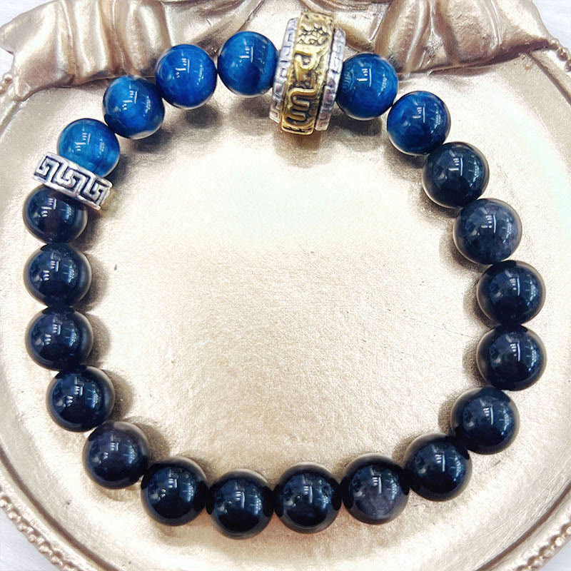 Bracelet de protection Foviel en obsidienne argentée, œil de tigre bleu et mantra Om Mani Padme Hum