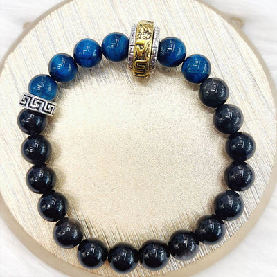Bracelet de protection Foviel en obsidienne argentée, œil de tigre bleu et mantra Om Mani Padme Hum