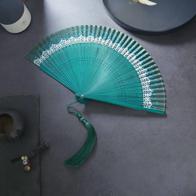 Buddha Stones Flower Plain Handheld Polyester Tassel Bamboo Folding Fan 21cm Folding Fan BS White Lace 21cm