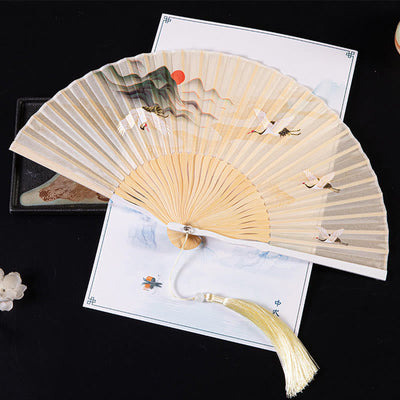 Buddha Stones Cranes Auspicious Clouds Solid Color Gradient Handheld Cotton Linen Fabric Bamboo Folding Fan Folding Fan BS Sunset Crane Yellow 21cm