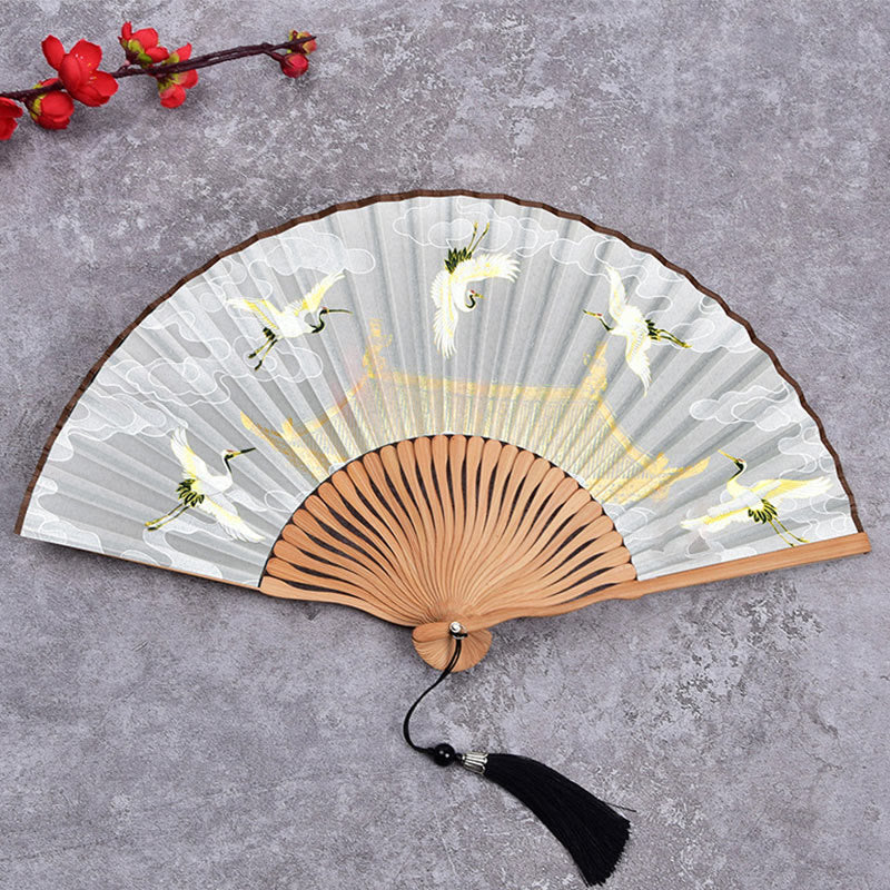 Buddha Stones Cranes Auspicious Clouds Solid Color Gradient Handheld Cotton Linen Fabric Bamboo Folding Fan Folding Fan BS Crane Cloud White 21cm
