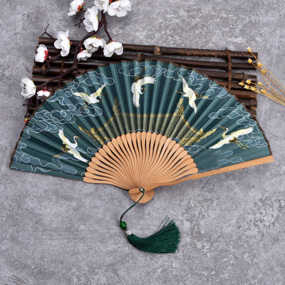 Buddha Stones Cranes Auspicious Clouds Solid Color Gradient Handheld Cotton Linen Fabric Bamboo Folding Fan Folding Fan BS Crane Cloud Dark Green 21cm