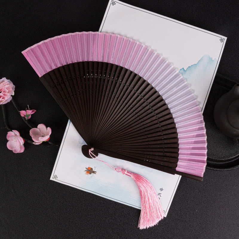 Buddha Stones Cranes Auspicious Clouds Solid Color Gradient Handheld Cotton Linen Fabric Bamboo Folding Fan Folding Fan BS Pink Gradient 21cm