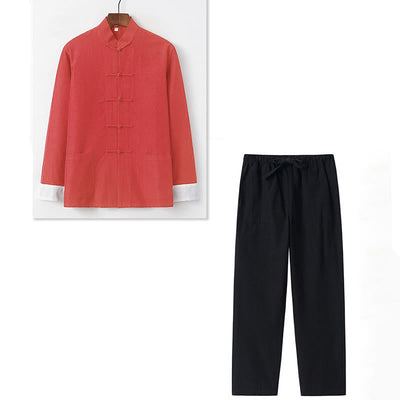 Buddha Stones 2Pcs Fall Men's Tang Suit Frog-Button Cotton Long Sleeve Shirt Pants Set - image 12