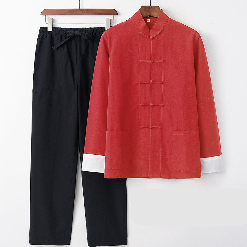 Buddha Stones 2Pcs Fall Men's Tang Suit Frog-Button Cotton Long Sleeve Shirt Pants Set - Red White Sleeve - US/UK/AU46，EU56 (5XL) - image 2